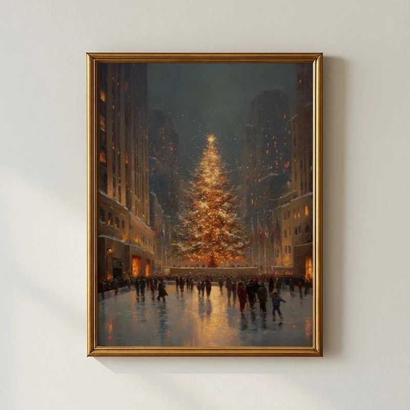 Vintage City Christmas Canvas Wall Art Tree Snowy Urban Night Skating Scene Winter Xmas Home Wall Print Unframed Canvas Poster