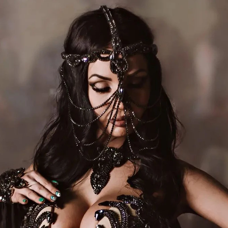 قناع حجر الراين الأسود، إكسسوارات شعر الملهى الليلي لحفلات المكياج، مليئة بالألماس، شخصية مبالغ فيها للنساء المثيرات