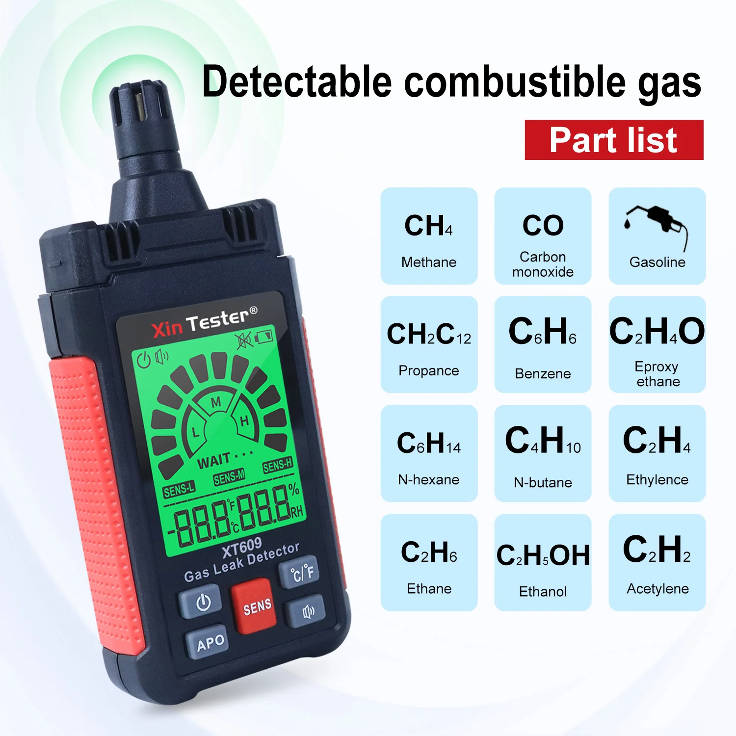 Xin Tester Digital Natural Gas Leak Detector Flammable Gas Analyzer Propane CO Methane Gas Leak tester 50-1000PPM XT609