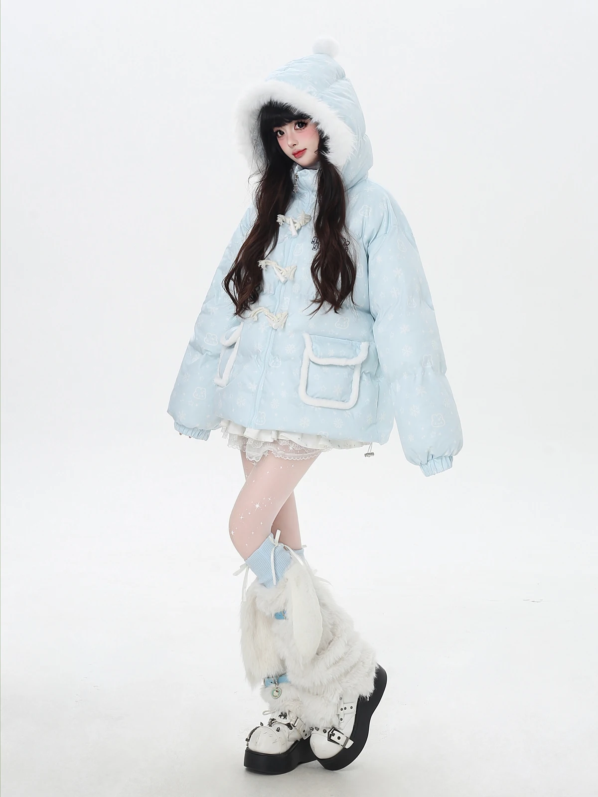 Christmas New Year Sweet Cute Girl Winter Quilted Coats Cartoon Print Embroidery Thick Warm Plush Hooded Cotton Jacket for Women