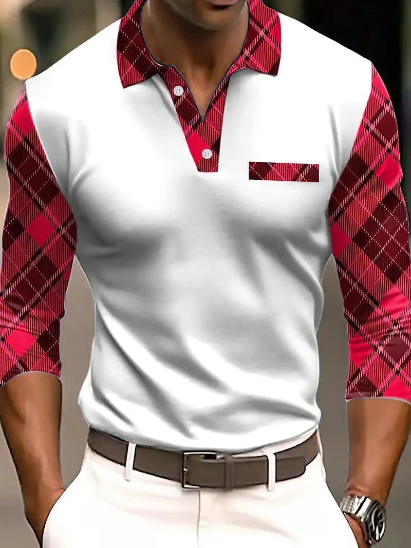 

Fashion Long Sleeve Plaid Pattern Men's Polos T-Shirts 6XL Plus Size 3D Printed Street Trend Male POLO Tee Casual Tops