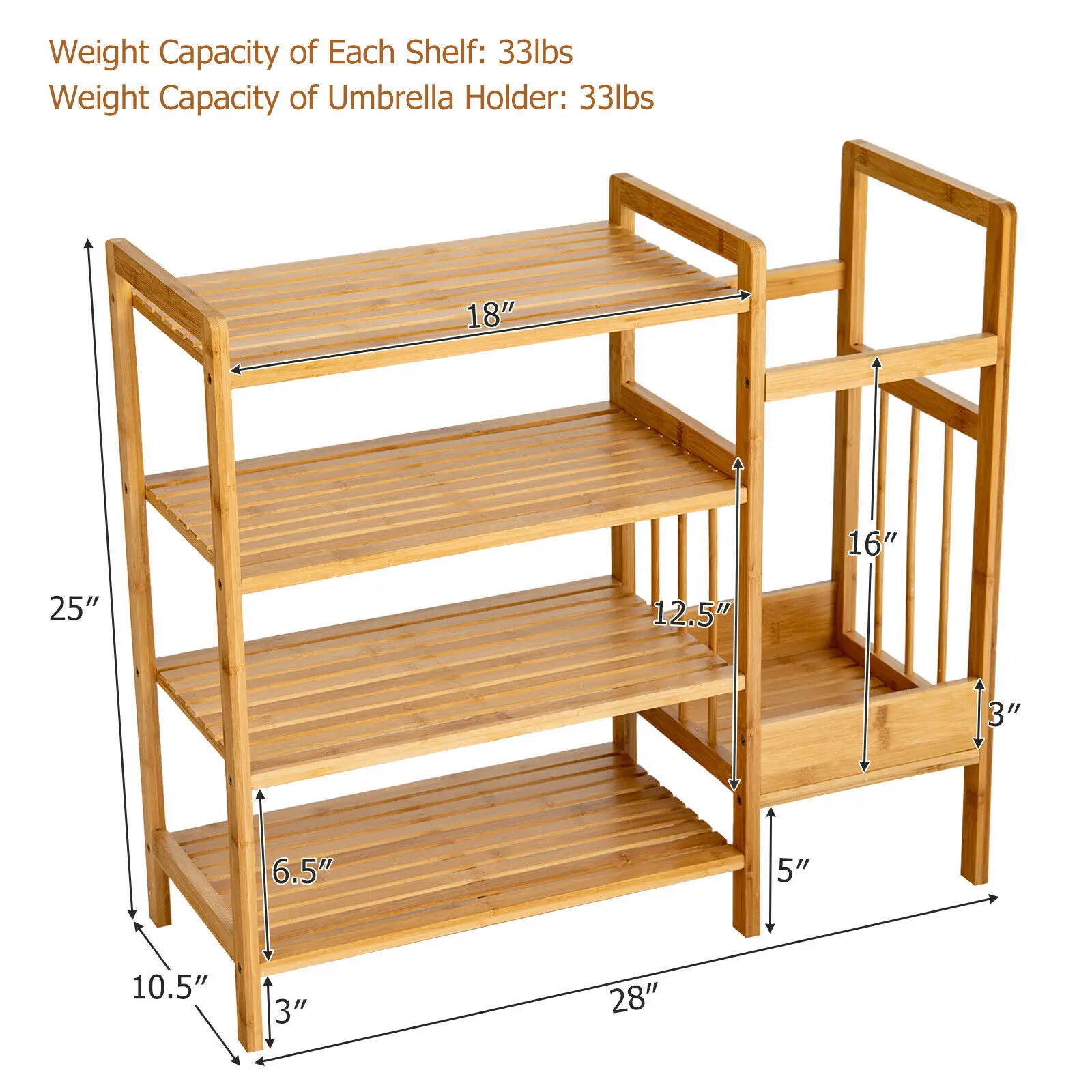 Costway 4-Tier Bamboo Shoe Rack Entryway Organizer w/Umbrella Holder & Shelves