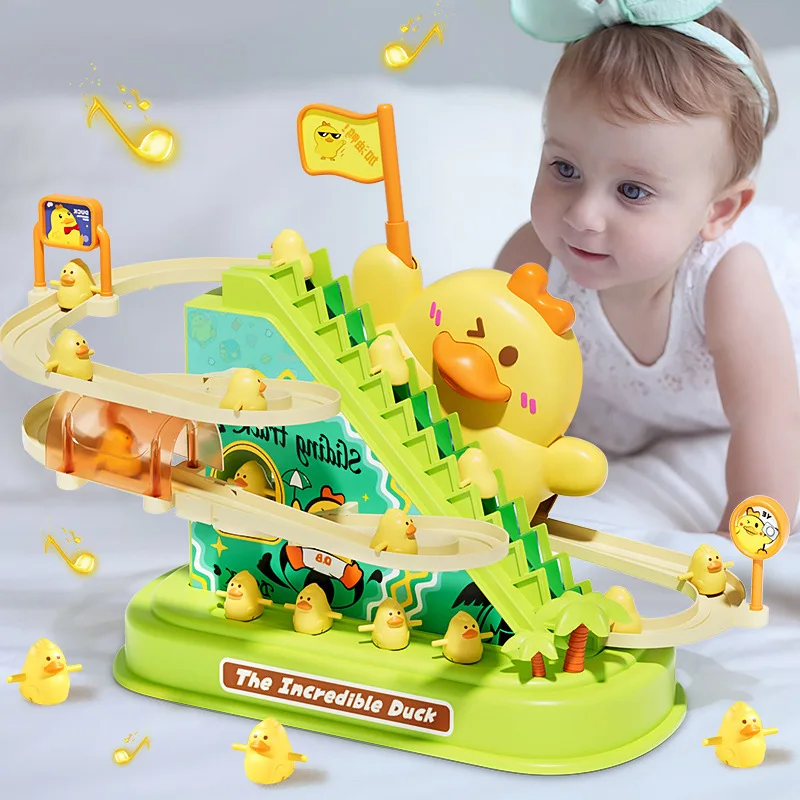 Kids Electric Duck Climbing Stairs Toys Audible Light Little Yellow Duck Rotating Slide Track Baby Children\'s Puzzle Toy Gift