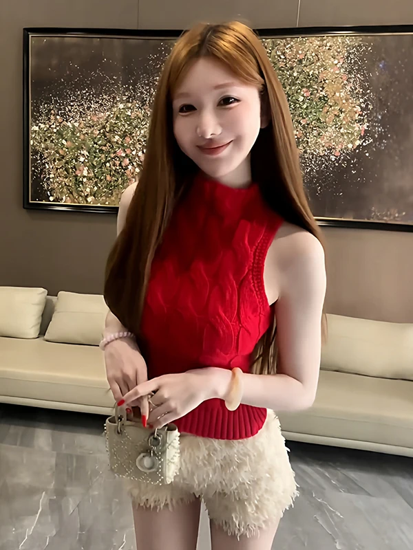 

Уникальный красивый красный вязаный жилет с высоким воротником для женщин, утягивающий, базовый топ, новинка 2026 года, теплая верхняя одежда