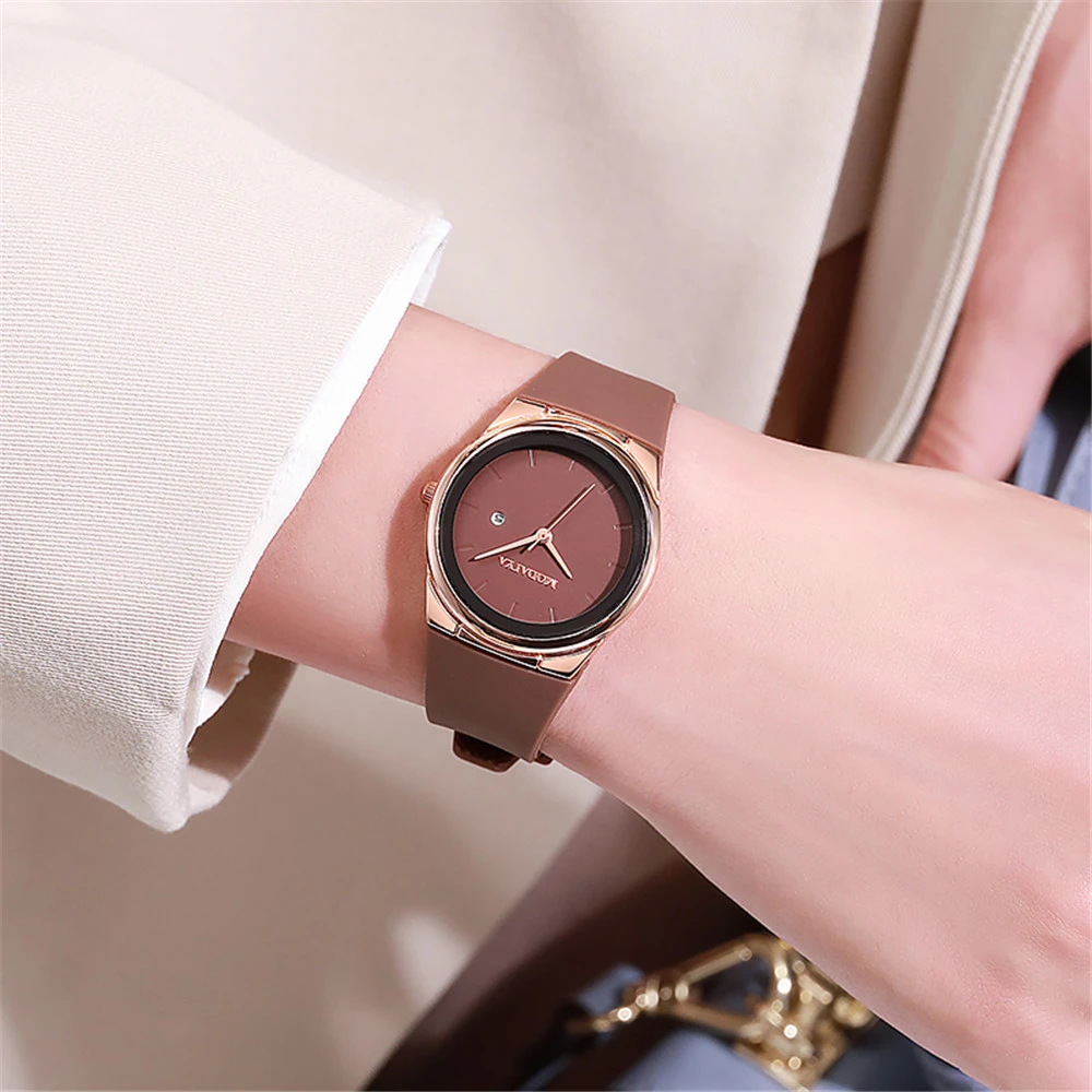 Simplicity-Montre à quartz avec bracelet en silicone pour femme, boîtier noir rose et or, horloge ronde avec calendrier, montre-bracelet tendance