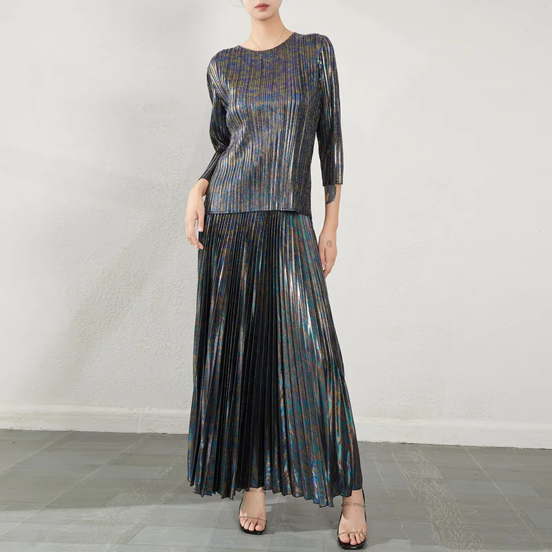 Two Piece Set Women Vintage Fashion Metal Color Autumn New Stretch Miyake Pleated Round Neck Top + Long Skirt