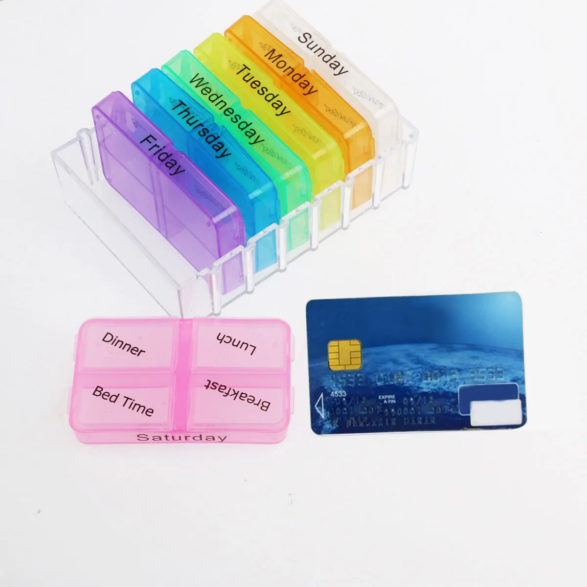 

7-Day Pill Box 105x75x45mm Hard Plastic Daily Medicine Organizer Breakfast Lunch Dinner Bedtime Container Pill Storage