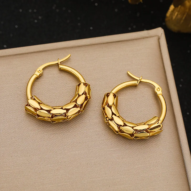 

Fashionable Stainless Steel Round Earrings For Women Hip-hop Exaggeration Metal Snake Scale Hollow Hoop Earrings Lady Jewelry