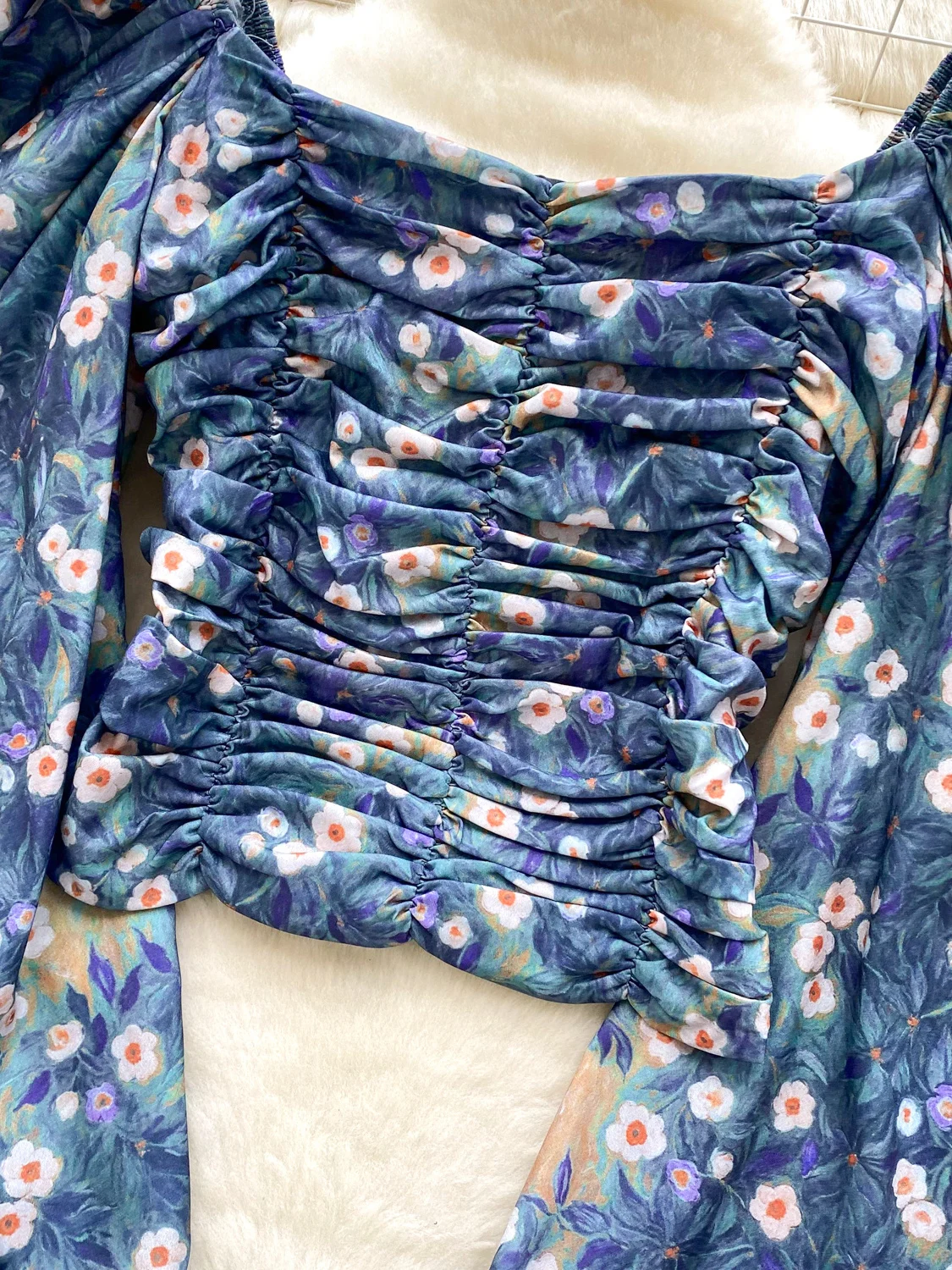 Rétro col carré bulle Sve Floral irt femmes automne Faionable polyvalent ort haut plissé coréen Sle coupe ample