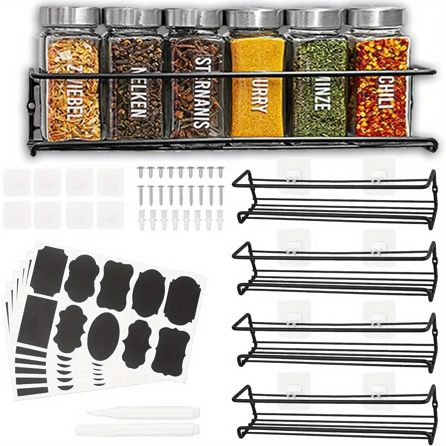 4Pcs Metal Spice Shelves No Drilling 4-Tier Hanging Stainless Steel Wall Mounted Spice Organizer With Adhesive Sticker