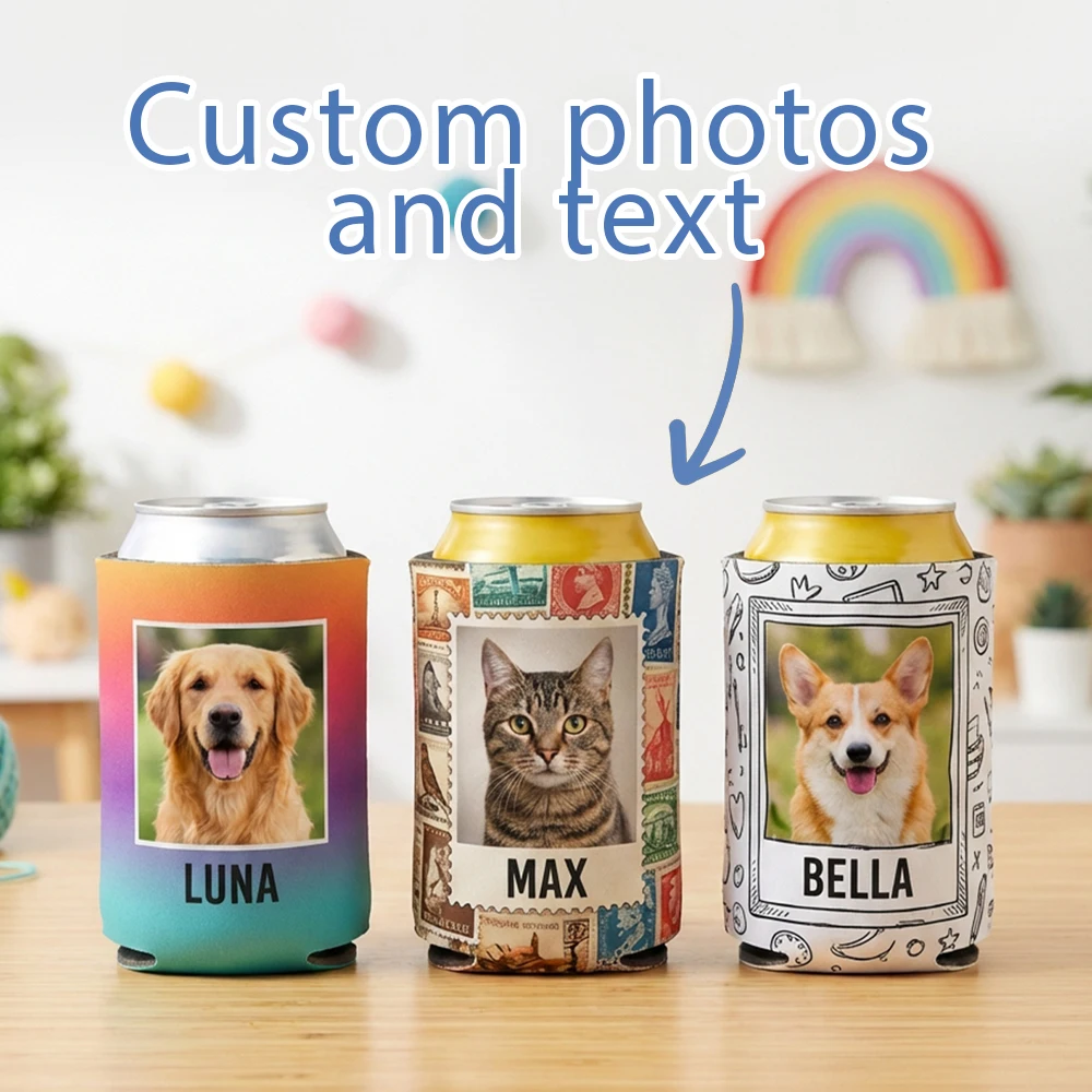 Protector de Latas Personalizable con Imagen y Nombre, Reutilizable, para Camping, Fiestas de Cumpleaños, Protector de Latas de Cerveza, Regalo para Dueños de Mascotas