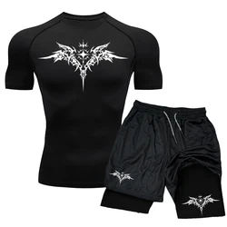 Conjunto de compresión de entrenamiento para hombre, camiseta de gimnasio con estampado Y2K, pantalones cortos transpirables para correr, secado rápido, ropa deportiva de 2 piezas