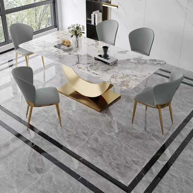 New Italian light luxury bright Pandora rock slab dining table modern household half-moon light luxury rectangular dining table