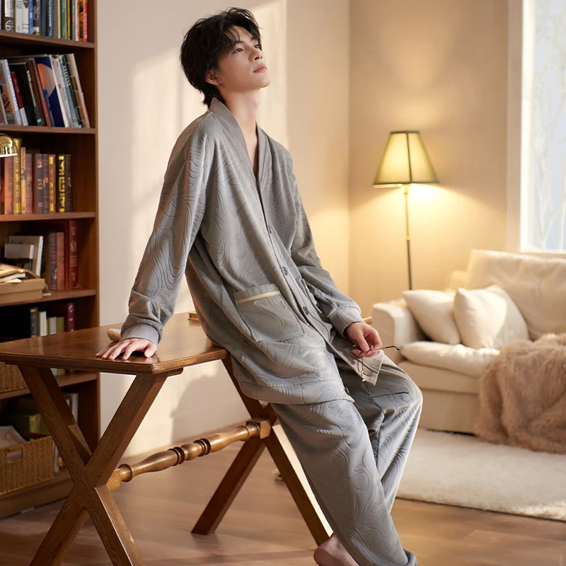 Winter Island Velvet Pyjamas For Young Male Pajama Sets Mid-length Tops+Long Pants Casual Tracksuit For Men Thick Flannel Yukata