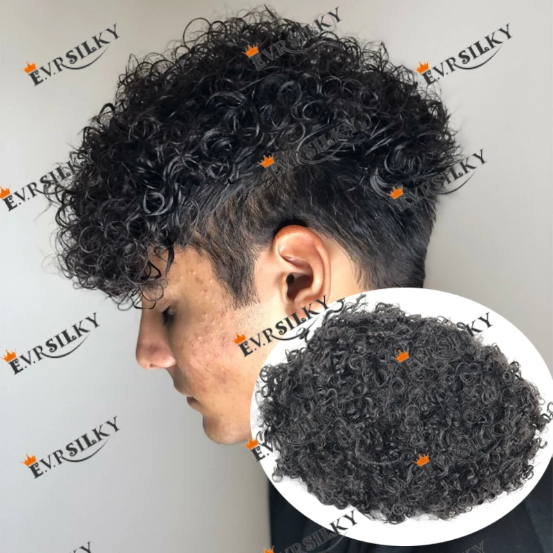 Afo Black Man Human Hair Prosthesis Capillary  System 12mm Jerry Curly Long Last Fine Mono PU Base Men Toupee Natural Hairline