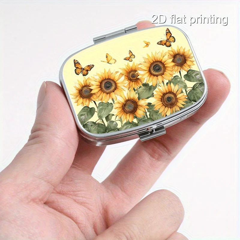 Sunflower and Butterfly Pattern Printed Square Sealed Box, Two-Compartment Sealed Pill Box, Mini Portable Sealed Box, Suitable for Travel, Outdoor Activities, or as a Portable Sealed Box for Wallets or Bags, Multifunctional Metal Box for Decorations, Jewelry, Earrings, Vitamin Storage Box with Multiple Compartments, Organizer Box for Home Use, Travel, Moisture-Proof, Unique Holiday Gifts, Birthday Small Gifts, Collection Box