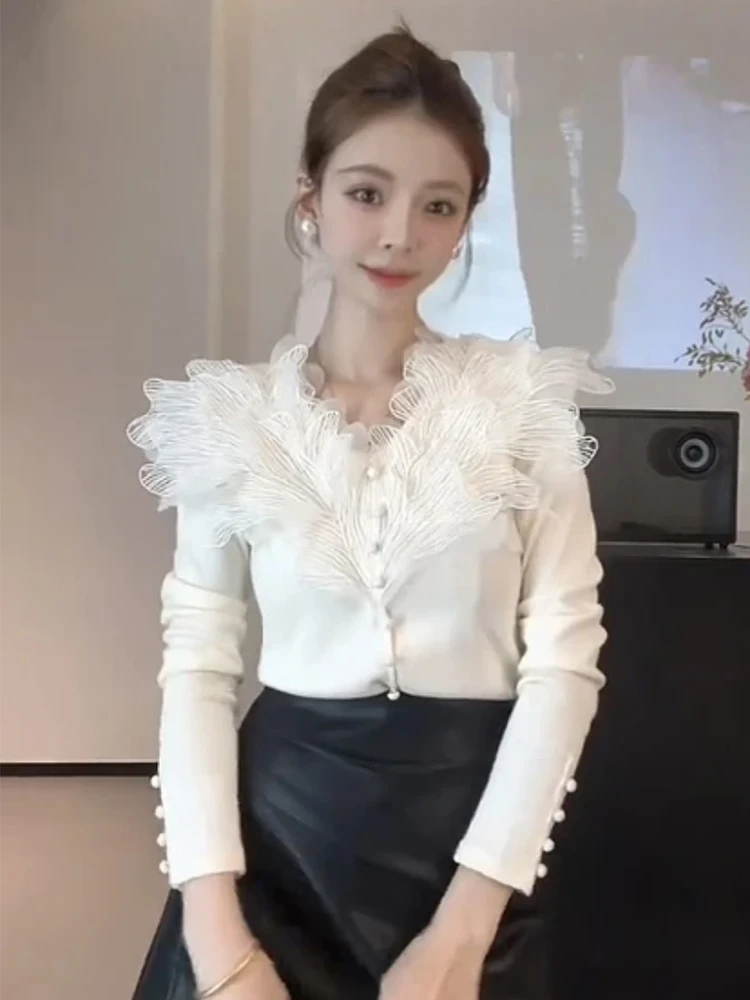 

Ele V-ne Long Sve Knitted Top Women's Heavy Embroidery Lace Splicing Slimming Winter Faionable New Sle Top