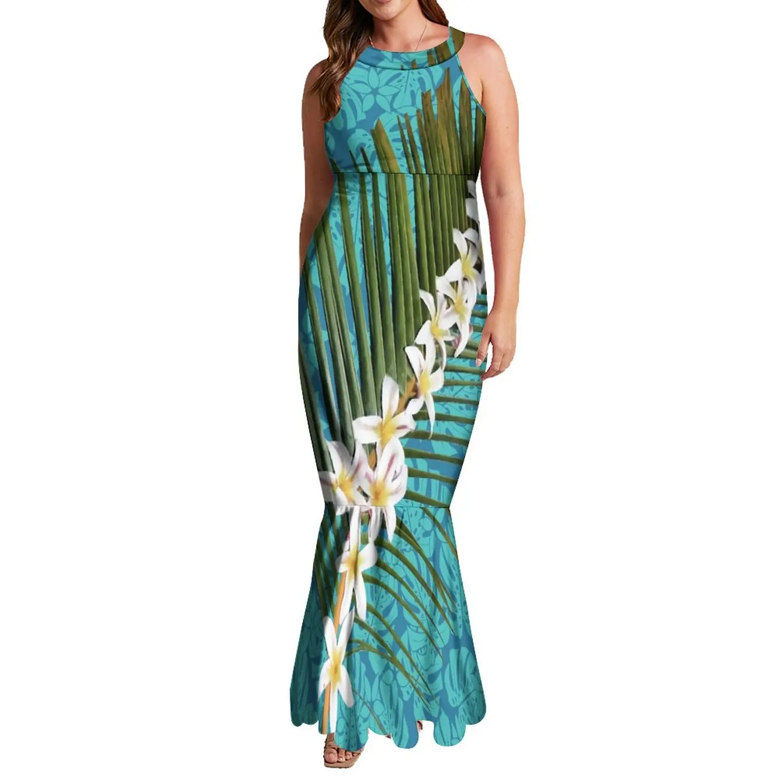 Elegante vestido de sereia polinésia feminino, sem mangas Halter Maxi, vestido de noite Fishtail, plus size, 7XL, venda quente