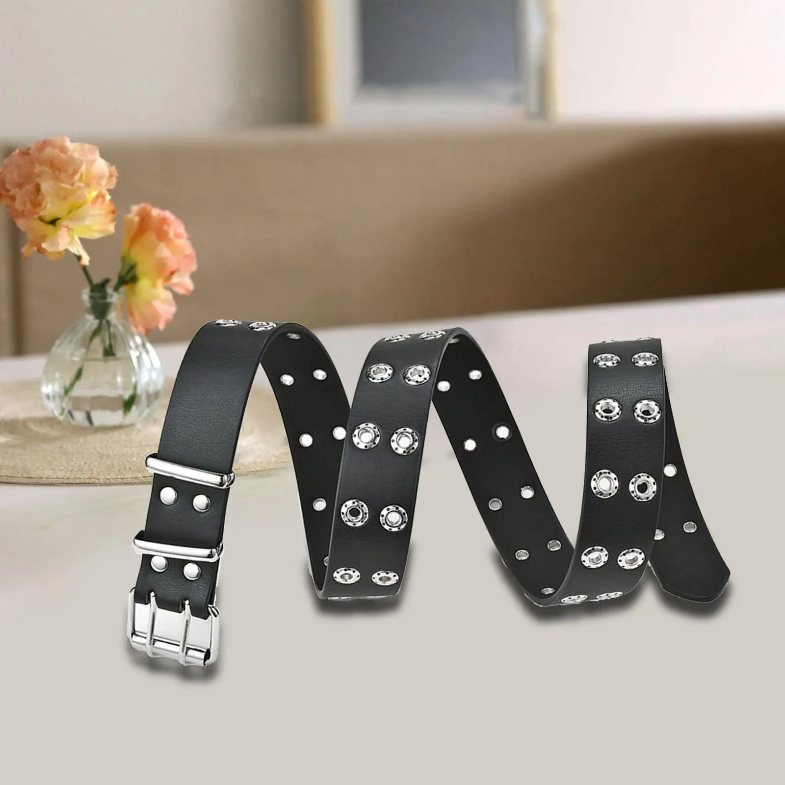 

Vintage Style Women Leather Belt, Wide Double Eyelet Buckle Double Prong Buckle
