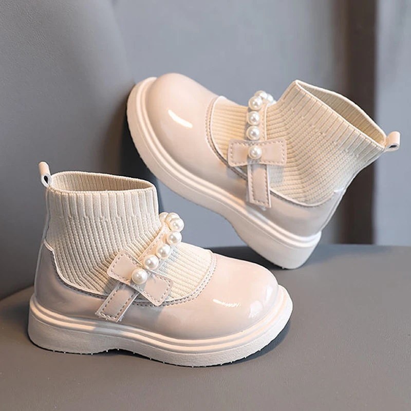 Fashion Pearl Knit Splicing Girls Ankle Boots Soft Bottom Kids Casual Shoes Princess Slip-on Children Boots Baby Sports Sneakers