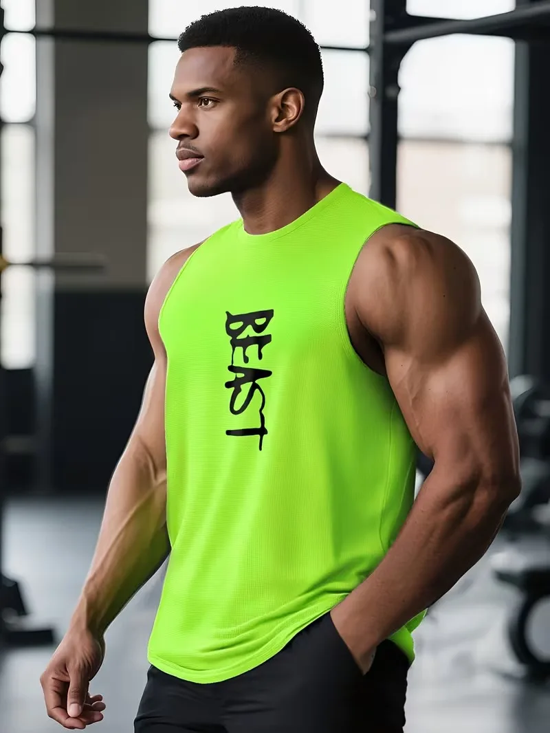 

Fashion Fitness BEAST Letter Print Graphic Men's Round Neck Quick Drying Running Tank Top Leisure Breathable Outdoor Sports Vest