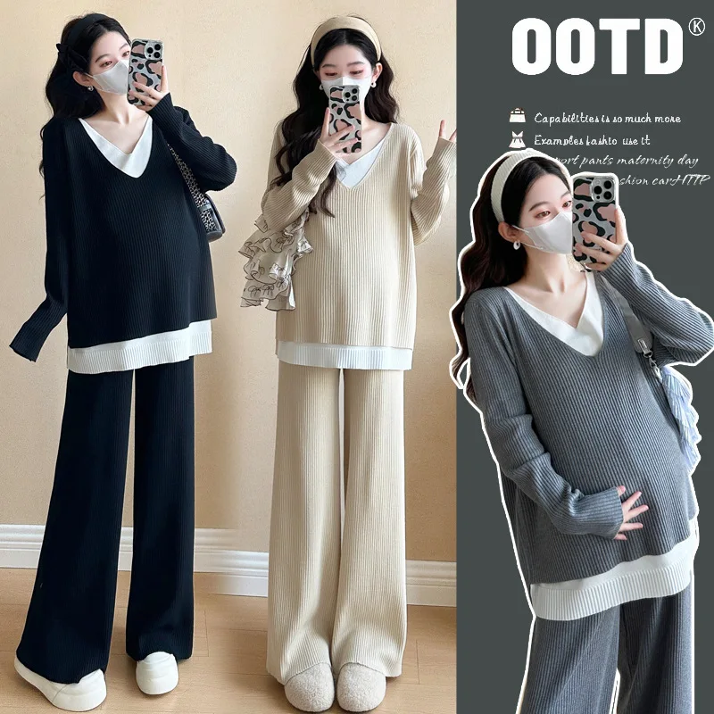

Autumn New Maternity Set Plus Size Mock Two Piece Knit Lazy Chic Fashion Loose Fit Pregnancy Two Piece Outfit Comfortable