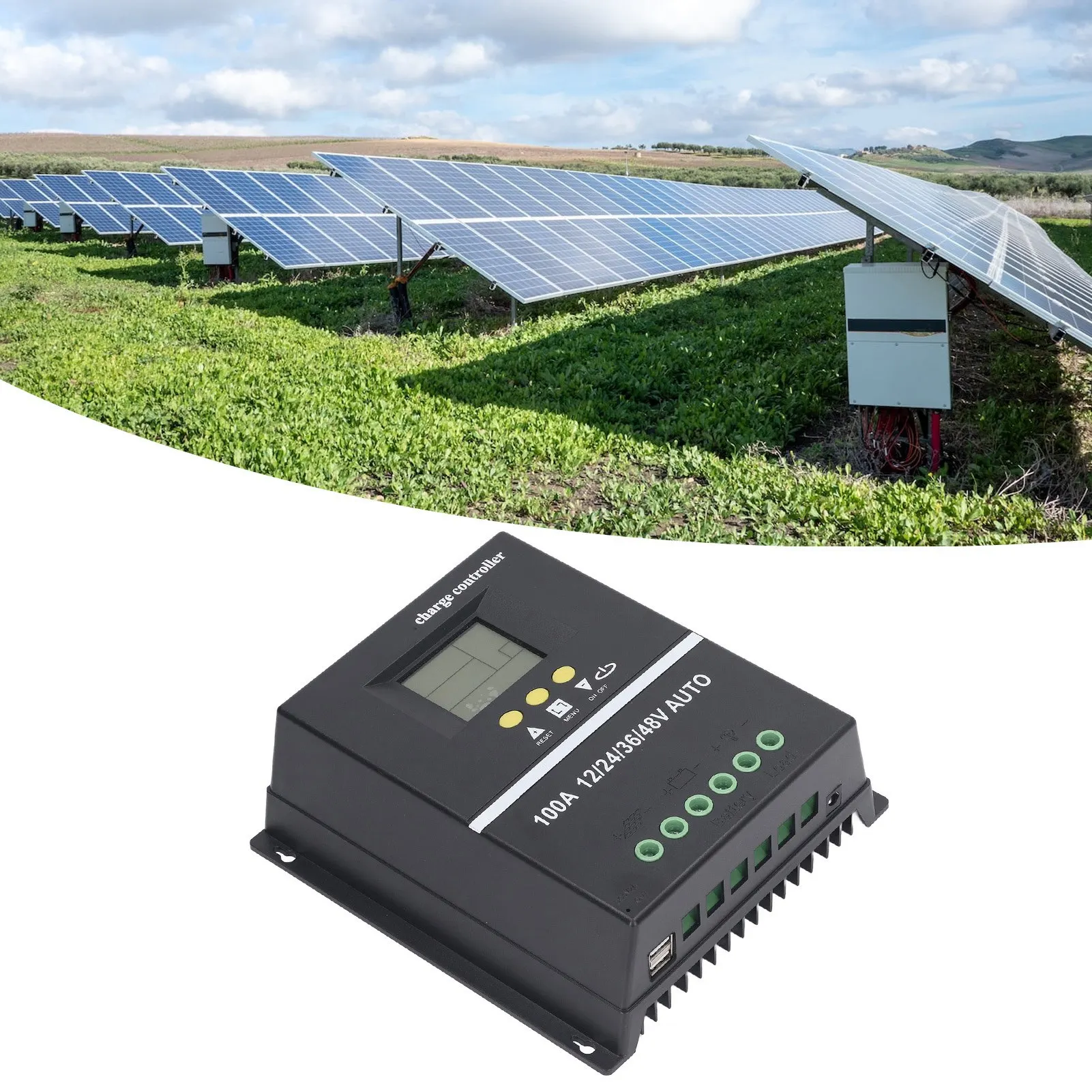 MPPT Solar Charge Controller with Dual USB Port Backlit LCD Display for 12V 24V 36V 48V Solar Panel Regulator Adaptive