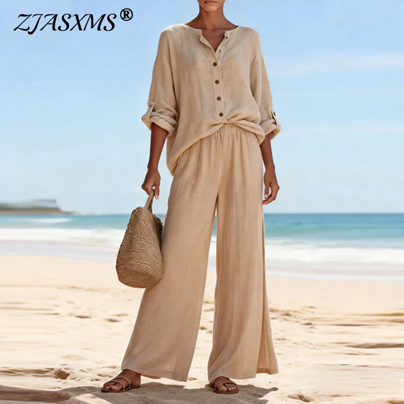 

Женский комплект в стиле Харадзюку: ретро-костюм из хлопка и льна с регулируемым топом с длинными рукавами и повседневными брюками, весенний комплект с однобортным пиджаком