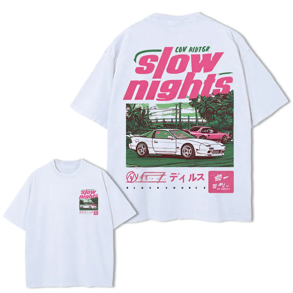 2026 Slow Nights JDM Racing T‑Shirt Vintage Washed Double‑Sided Car Graphic Unisex Oversized Short Sleeve Tee