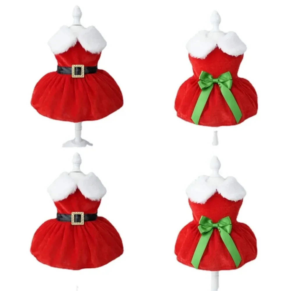 Pet Christmas Clothing Dog Cat Red Dress Warm Bow Frock Golden Velvet Fabric Santa Claus Clothes Dogs Cats Garment Pets Supplies