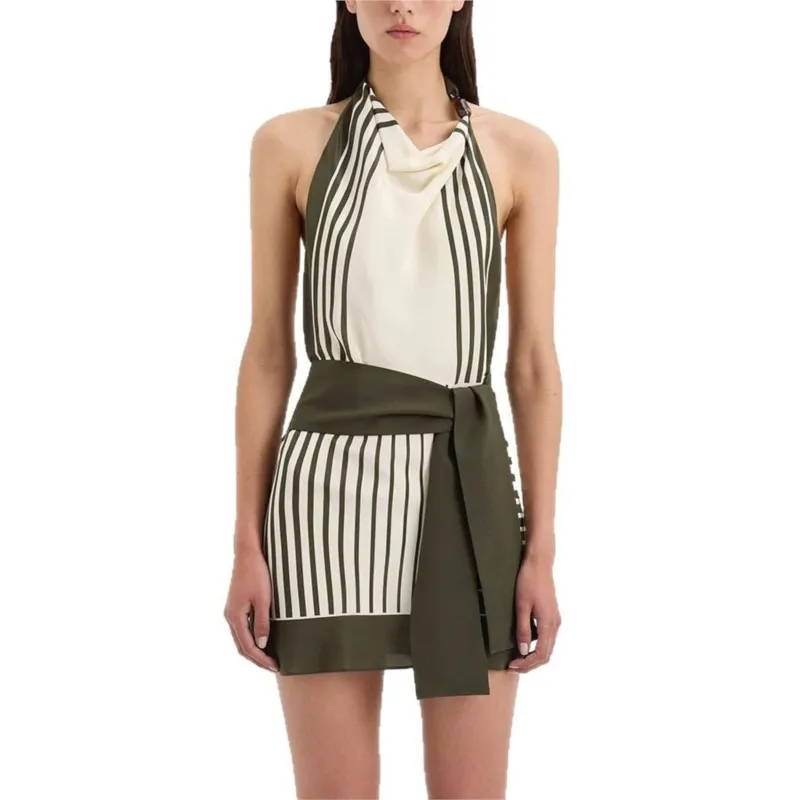 패션 비치 휴가 미니 드레스 섹시 백리스 홀터 슬리브리스 숏 드레스 시크 스트라이프 패치워크 벨트 여름 드레스 2025 신상