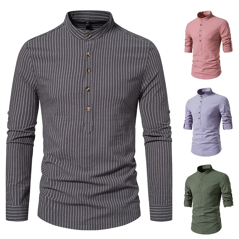 Summer New Henley Collar Men's Long Sleeved Striped Shirt Casual Top Instagram Trendy Men