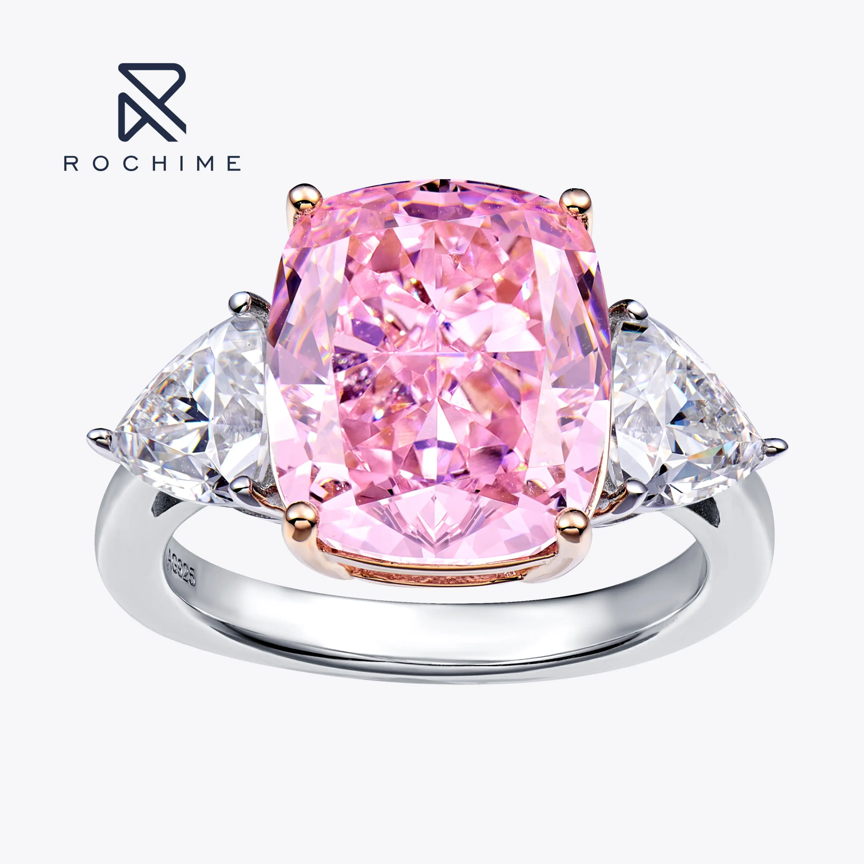 

Rochime Luxury 8 Carat Three Stone Pink Diamond Ring 925 Sterling Silver Gold Plated 5a Zircon Jewelry For Women