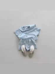 2025 Summer New Baby Short Sleeve Denim Set Infant Boy Girl Solid Shorts Suit Casual Versatile Toddler Sailor Collar Outfits