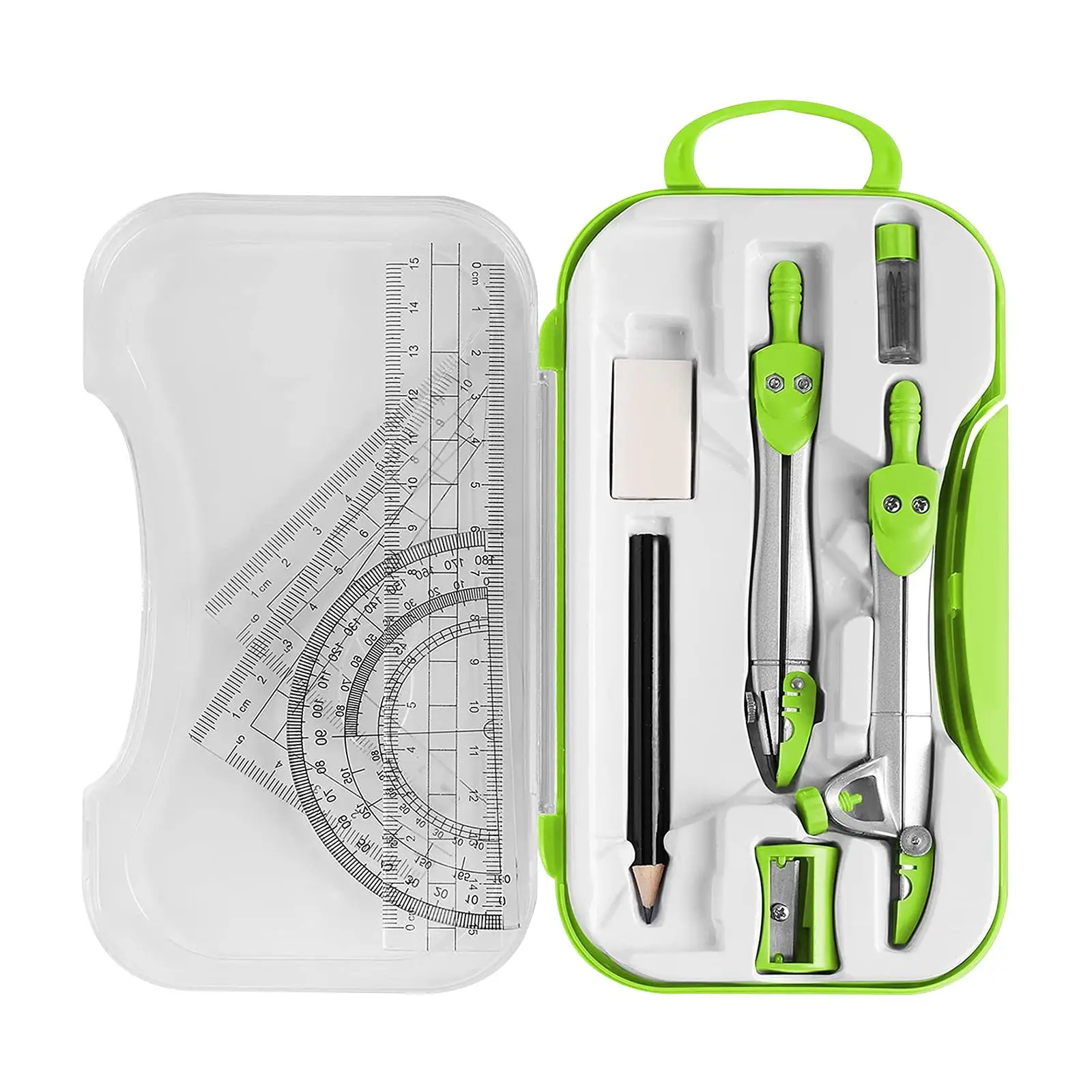 Plastic Math Geometry Equipment Set for Teachers Students with Triangle Ruler Compass Protractor Storage Case for Engineering