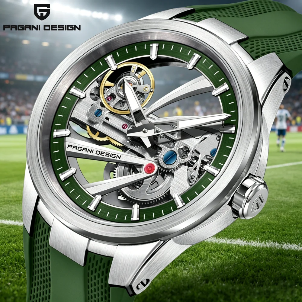 Green Skeleton PAGANI DESIGN PDYS030 Mechanical Watch Open-Work Sports Wristwatch for Men with Fluororubber Strap reloj hombre