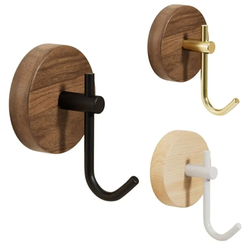 Simple No Drilling Walnut Hanging Hanger Robe Hook Key Holder Adhesive Wall Hooks Coat Storage Rack Practical Wood Hook Bathroom