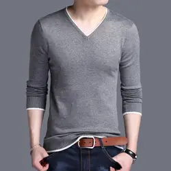 Spring and Autumn Men's Pullover V-neck Solid Color Slim Fit Casual Fashion Elegant Commuter Long sleeved Knitted Bottom Shirt