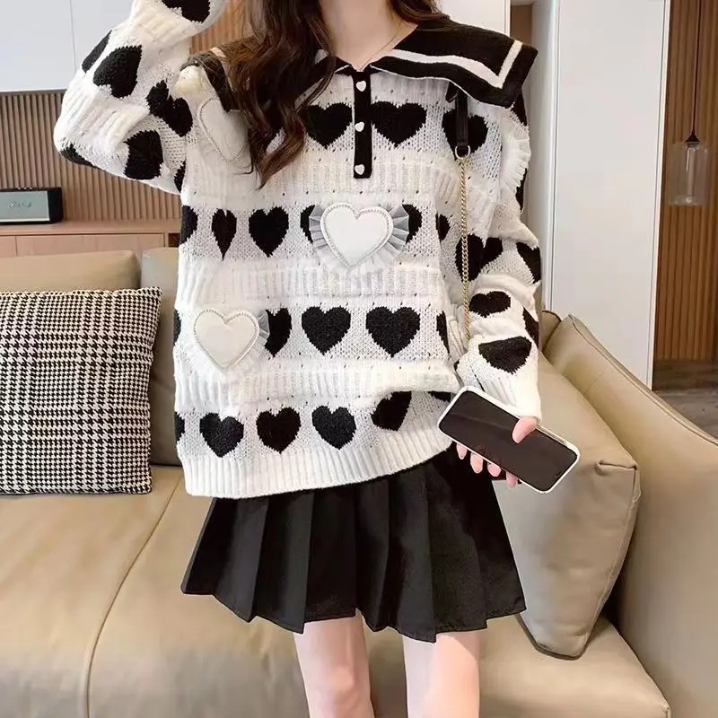 Women\'s Clothing Sweet Sailor Collar Jumpers Fashion 3D Heart-shaped Autumn Winter New Long Sleeve Korean Loose Knitted Sweaters