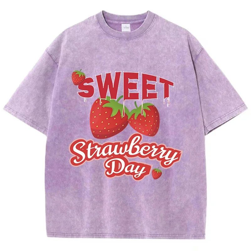 Camisetas lavadas a la moda para mujer, camisetas con estampado de día de fresa dulce, camisetas de algodón de gran tamaño con cuello redondo, ropa femenina de calle