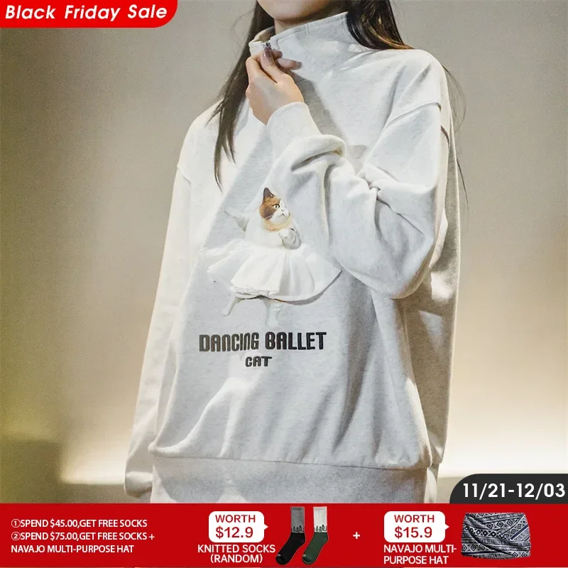 Maden Printed Ballet Cat Sweatshirts for Women Stand Collar Casual Sweater Gray Long Sleeve Pullover Autumn Gray Sweaters Top