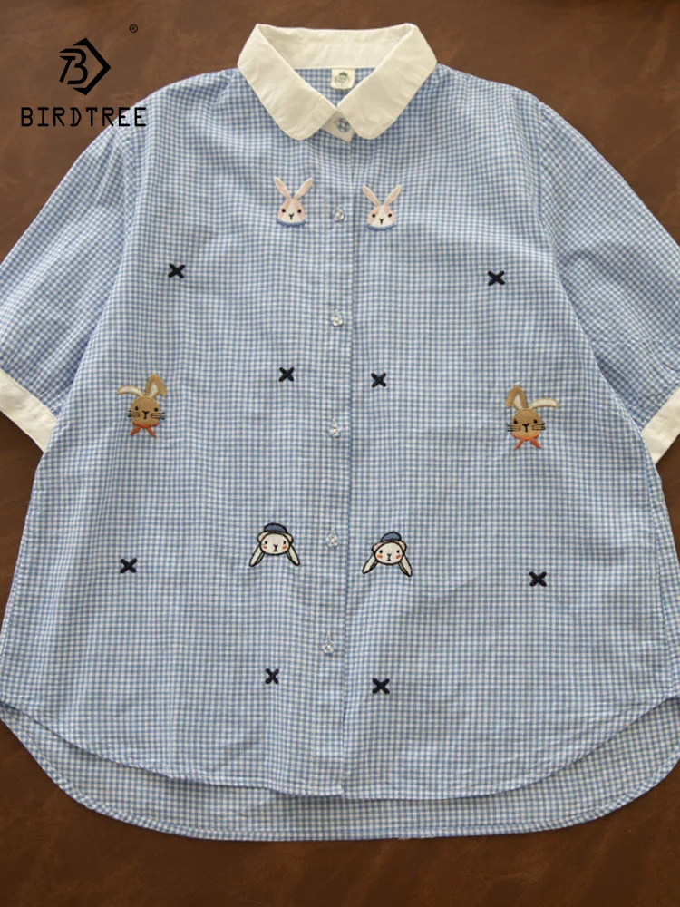 

New 2025 Autumn Cotton Short Sleeve Shirt, Women Turn-down Collar Plaid Embroidery, Mori Girl Preppy Style Loose Blouse T5N253CC