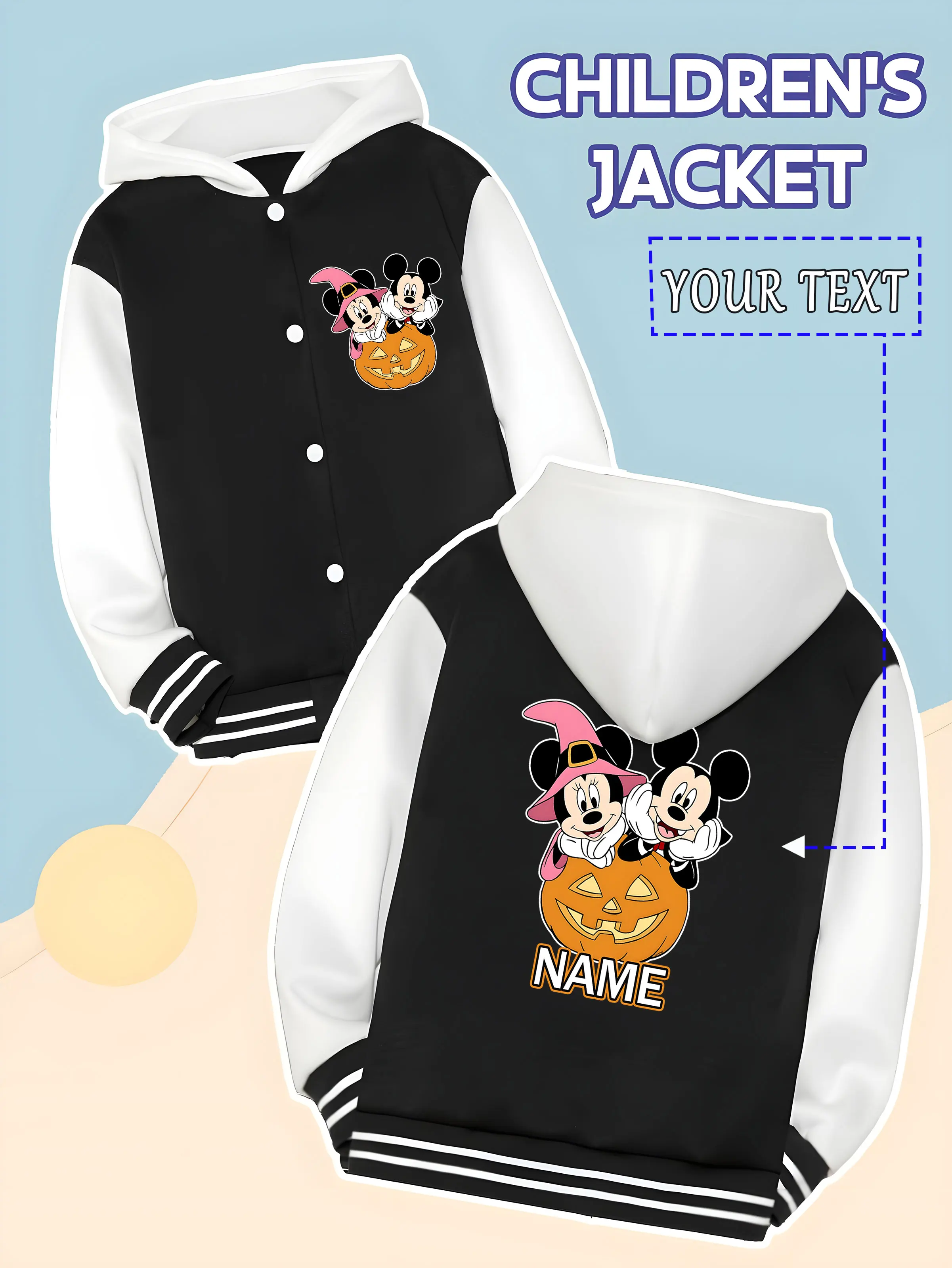 

MINISO Disney Mickey and Minnie Halloween children's baseball jacket - Mickey and Minnie pumpkin funny shape, cute and fun, suit