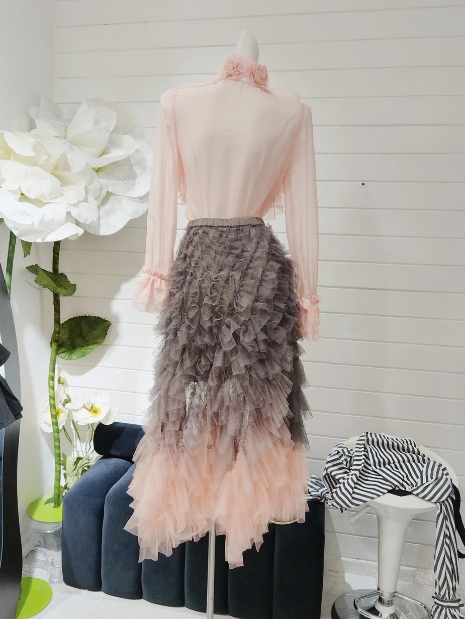 Schlankmachender Effekt Street Sle Stehkragen Mehrlagiger Saum Chiffon-Kleid Damen Luxuriöses Blumenmuster Langes Freizeitkleid