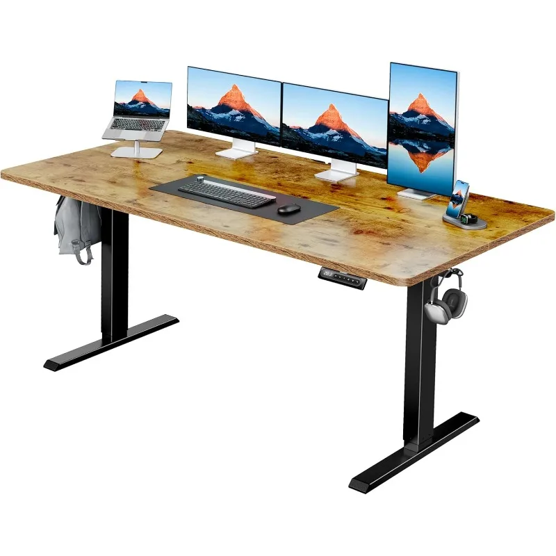 

63" x 28" Electric Standing Desk Adjustable Height, 4 Memory Height Settings, Headphone Hook, Cable Manager, Vintage Brown