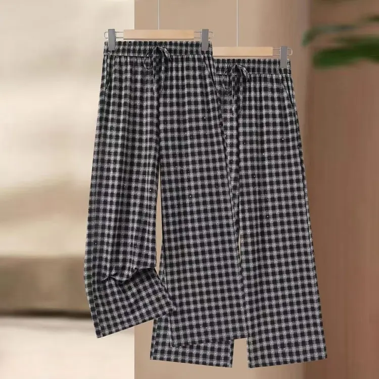 

Женские повседневные брюки в клетку с высокой талией, драпированные, свободного кроя, тонкие, прямые, летние, модные, оригинальные, из полиэфирного волокна
