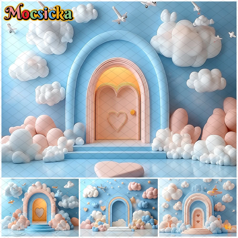 

Mocsicka Birthday Photo Backdrop Airplane Blue Sky White Clouds Door Love Picture Decoration Boy Portrait Photography Background