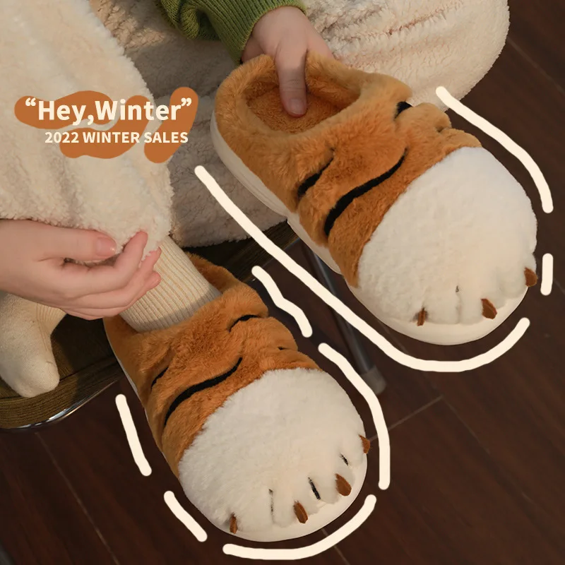 

Unisex Indoor Cotton Slippers Home Fuzzy Animal Tiger Paw Cotton Shoes Winter Warm Claw Female Indoor Fur Shoes