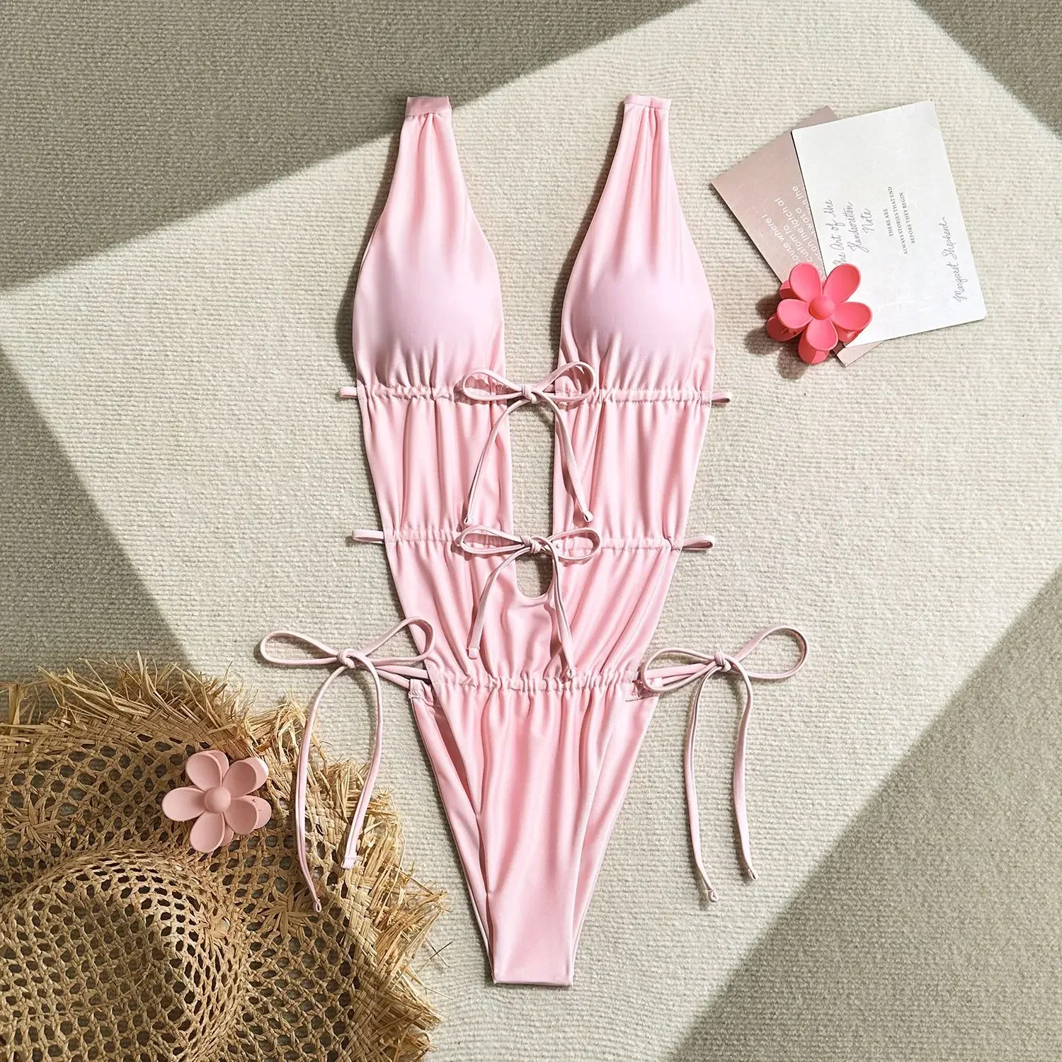 

sexy wrinkled bandage swimsuits one piece front tie women's bikinis swimwear bathing suit beach outfits bodysuits tankini