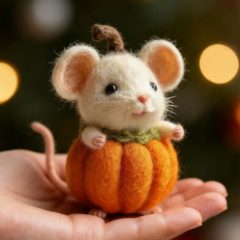 Muñeco de ratón de Halloween, aguja de calabaza, ratón de fieltro, decoraciones artesanales, aguja de fieltro, ratón de fieltro hecho a mano, juguete de muñeca DIY